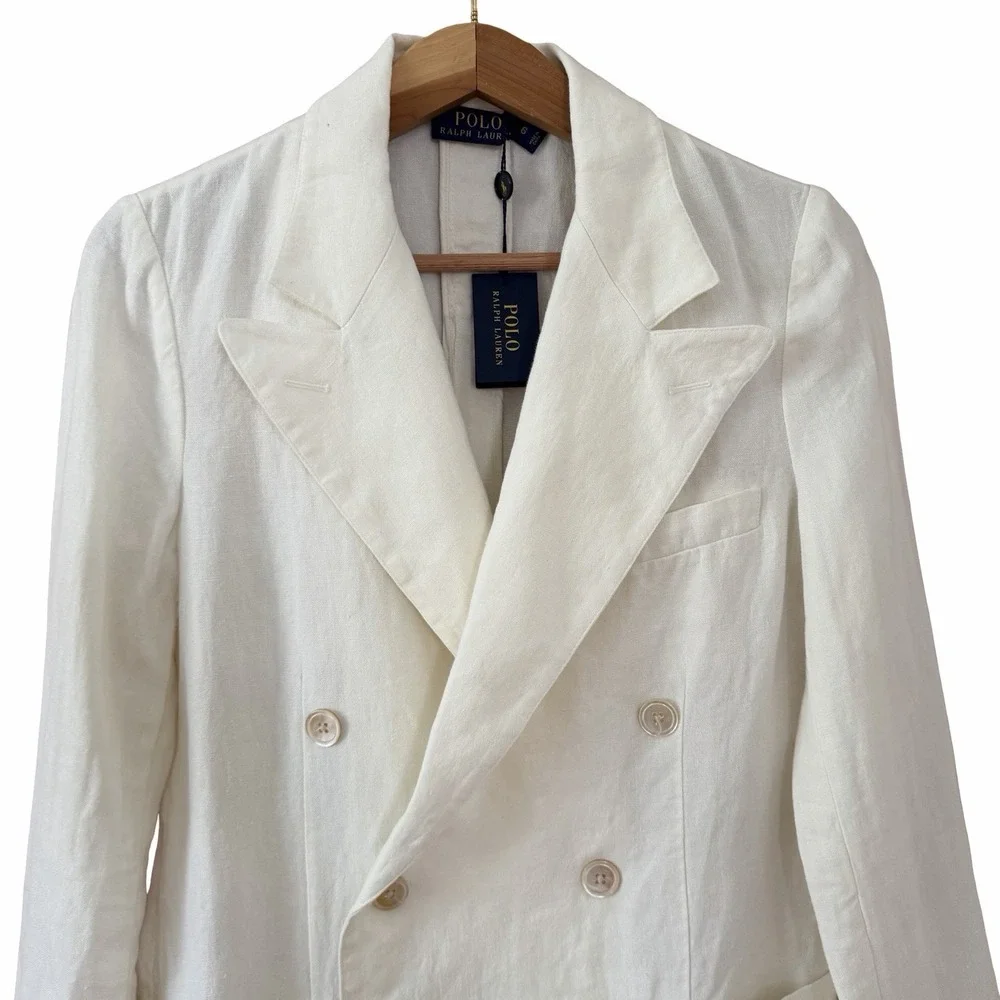 POLO Ralph Lauren Women Double Breasted Linen Blazer Size 6 White Coastal Preppy